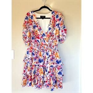 Laundry Shelli Segal Colorful Floral‎ Vneck Puff Sleeve Tiered Smocked Dress 12